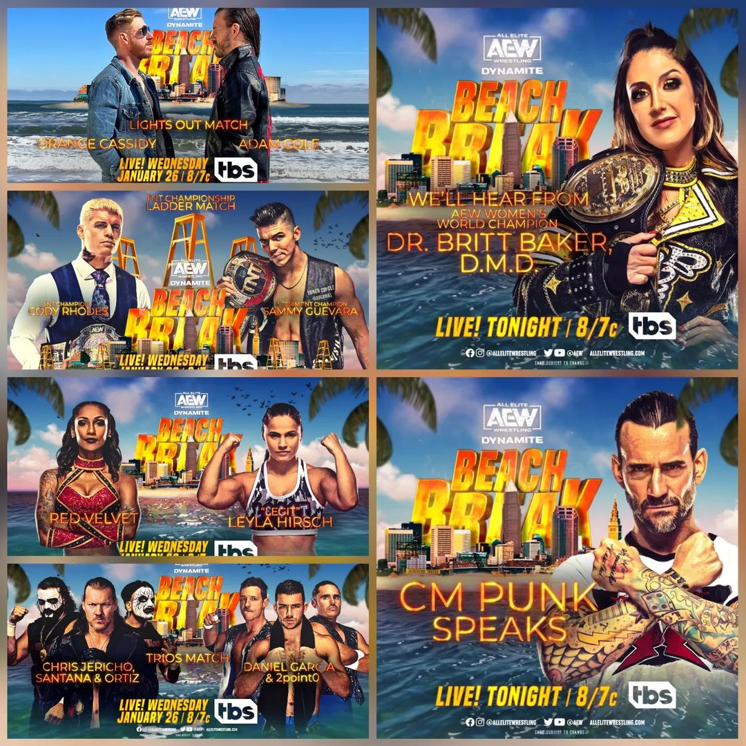 #HoyEnDynamite: Beach Break

- Orange Cassidy vs Adam Cole | Lights Out

- Cody Rhodes (c) vs Sammy Guevara |Ecaleras por el Campeonato TNT

- Red Velvet vs Leyla Hirsch

- Chris Jericho, Santana &amp; Ortiz vs Daniel Garcia &amp; 2point0

#AEWDynamite #AEWonTBS