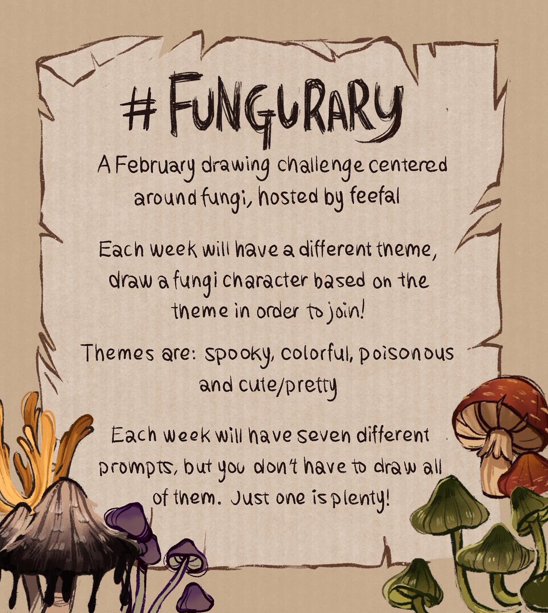 Funguary is happening! Each week of February will have a new theme, create one or more character based on the theme in order to join! Prompt lists are in thread⬇️