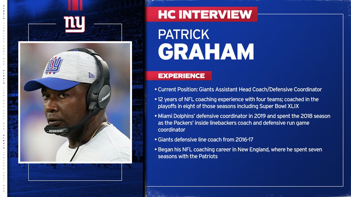 Giants's tweet photo. We have completed a head coach interview with Assistant Head Coach/Defensive Coordinator Patrick Graham 

Details: https://t.co/Ear24pnamg https://t.co/lcqXr81kbS