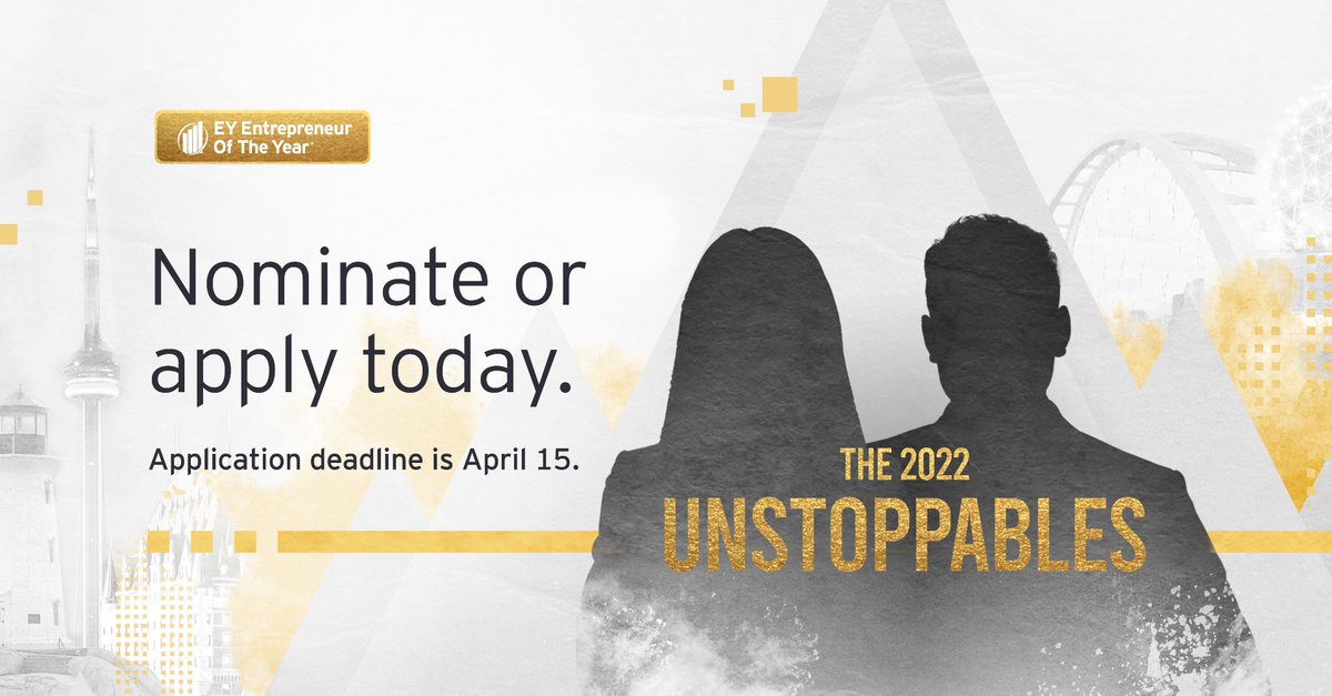 Canada's EY Entrepreneur Of The Year recognizes unstoppable entrepreneurial achievement among individuals and companies that demonstrate vision, leadership and success. Nominate an unstoppable entrepreneur today: ow.ly/O8qc103mbAs

#EYCanada #EOYCanada #Entrepreneurship