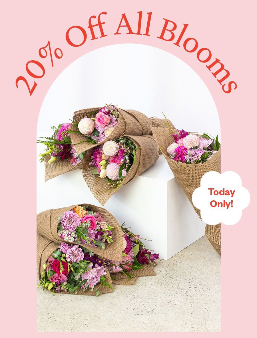 Today only, 20% off any bouquet in Melbourne or Sydney from DailyBlooms.com.au

Why? Just because we love nice surprises. 

So give someone special their own nice surprise today, or send a bunch to yourself! 😁 🌸 

Until sold out.

Use the code JANBLOOMS20