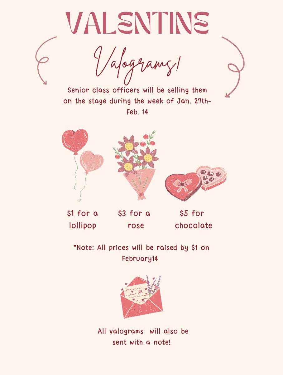 Don’t forget to purchase your valograms! No card payments will be accepted. We accept cash and check only. These will be delivered on Feb. 14 💝