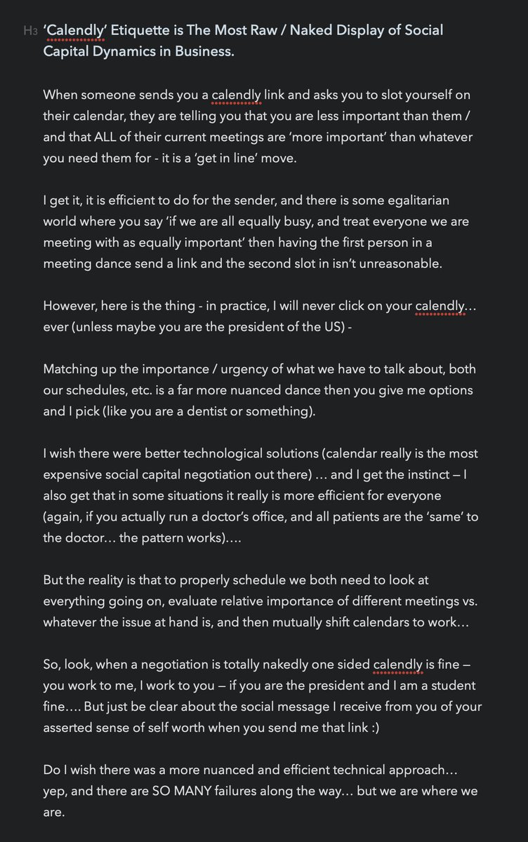 lessin's tweet image. ‘Calendly’ Etiquette is The Most Raw / Naked Display of Social Capital Dynamics in Business.