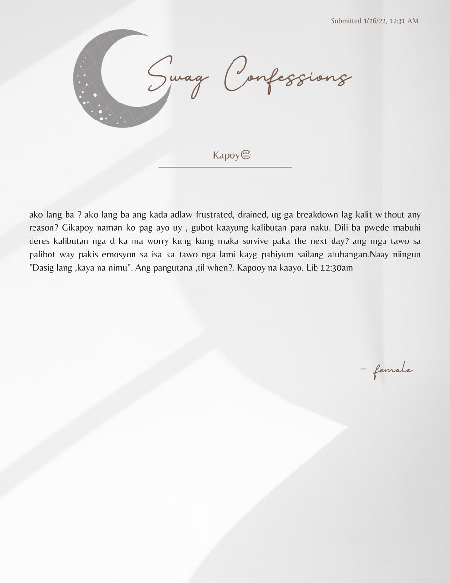 _SBConfessions's tweet photo. Confession 005:

""Dasig lang ,kaya na nimu". Ang pangutana ,til when?. Kapooy na kaayo."

Let's cheer our sender by sending them warm greetings under this thread!

PABLO Gun1taNgPagsisisi
@SB19Official #SB19

The song #What_SB19 by SB19 keeps playing in my head https://t.co/49NWe4tQor