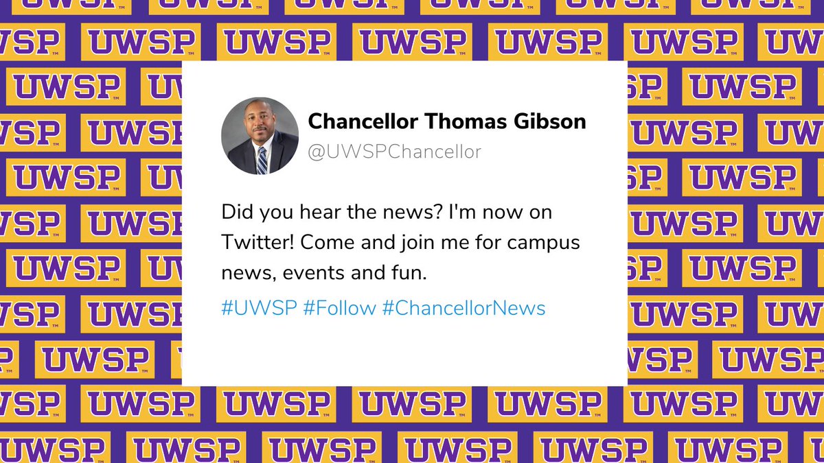 UW-Stevens Point (@uwstevenspoint) on Twitter photo A little birdie told us that Chancellor Thomas Gibson is now on Twitter! 🐦 Follow him at <a href="/UWSPChancellor/">Chancellor Thomas Gibson</a> to stay up to date on all things #UWSP! 💜💛 A little birdie told us that Chancellor Thomas Gibson is now on Twitter! 🐦 Follow him at <a href="/UWSPChancellor/">Chancellor Thomas Gibson</a> to stay up to date on all things #UWSP! 💜💛