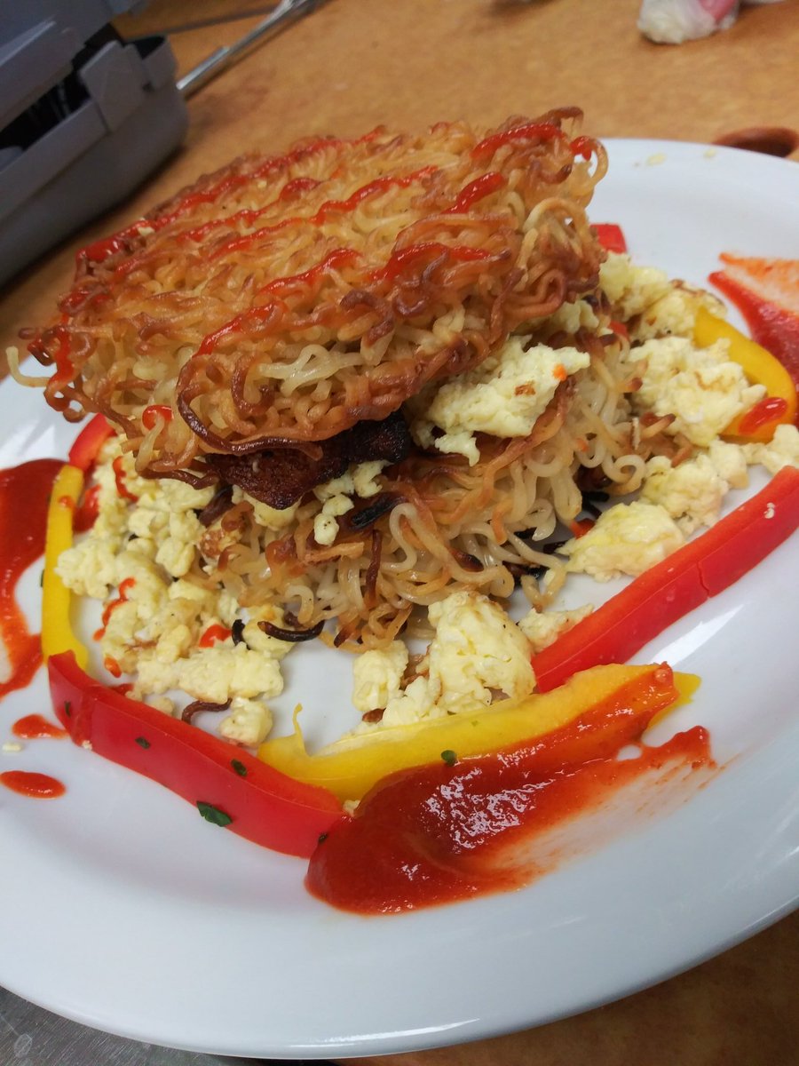 Culinary Arts 1 had some creative fun with our Ramen challenge! 2 packets of ramen(i take seasoning packets away) 1 protein , egg, 2 veggies and ingredients in pantry ...now go!!     #CreativeFun #BadgerNation