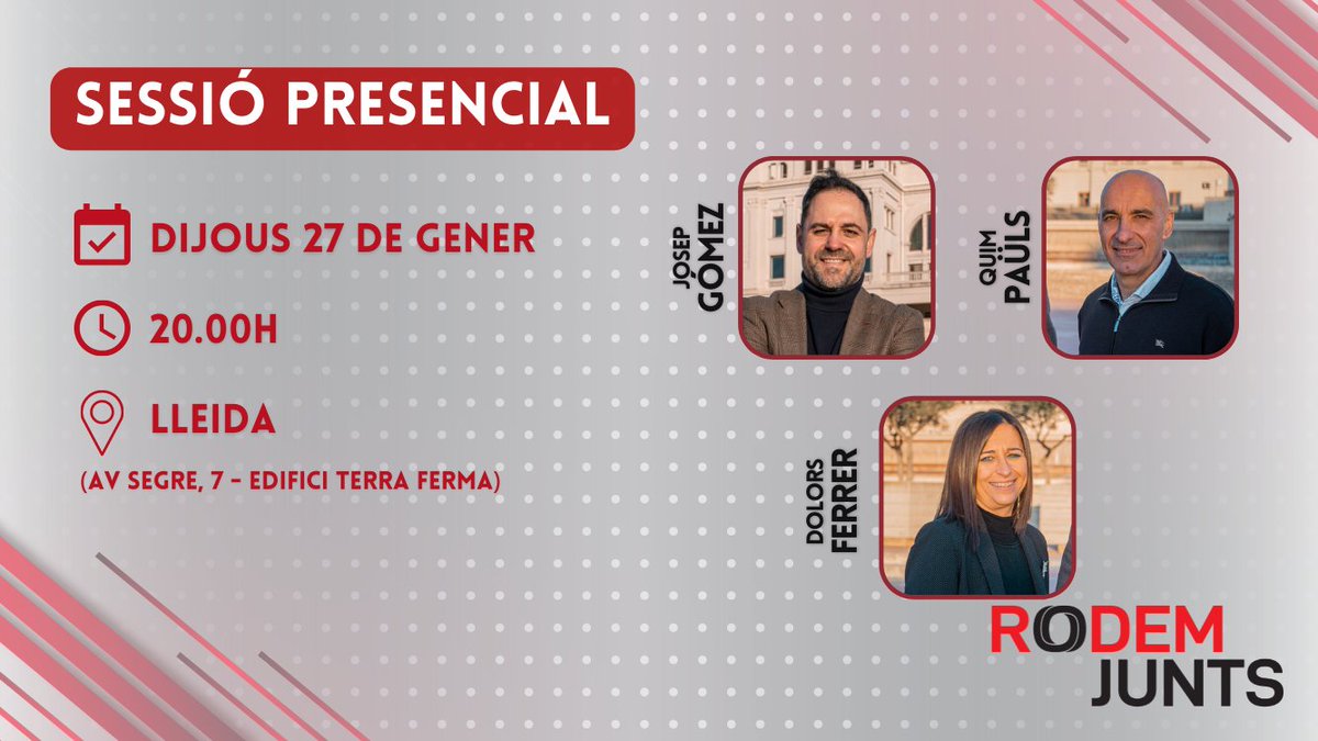 RodemJunts's tweet photo. Hola Lleida! 👋

📆 AVUI
⏰ 20.00h
👀 Vine i coneix el programa de la nostra candidatura
📍 Av. Segre, 7 - Edifici Terra Ferma

#RodemJunts https://t.co/3IonLX6rp8