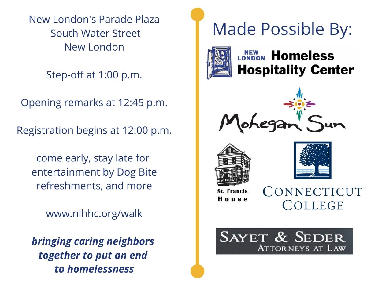 NLHHC's tweet photo. Spring will come and so will the 15th Annual Walk to End Homelessness.  Mark your calendar for Sunday, April 24, 2022, 
1 p.m., starting at New London's Parade Plaza.  Registration starts March 1 at https://t.co/Y1CegLSe8o. https://t.co/V96VdLaiNz