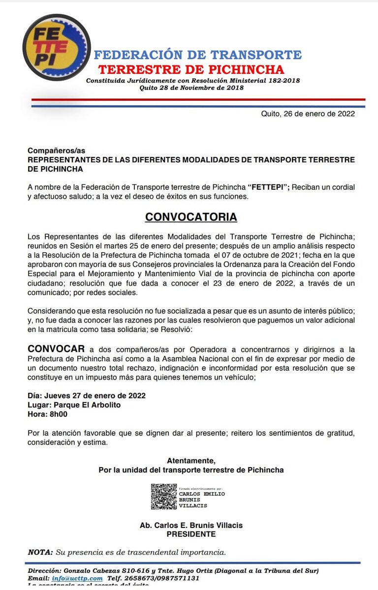 fettepi2's tweet photo. La Federación de Transporte Terrestre de Pichincha convoca a todos nuestros compañeros afiliados y no afiliados a la concentración ￼que se llevará acabo el día jueves 27 de enero de 2022￼￼ en rechazo al impuesto de matriculación aprobado por la Prefectura de Pichincha￼ https://t.co/asdzPvUAvO