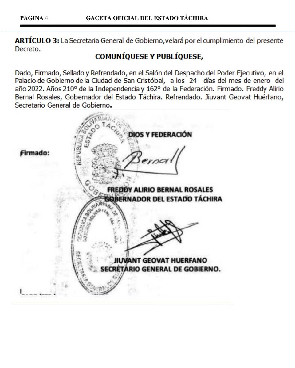 🔴#ATENCIÓN || Gaceta Oficial del estado #Táchira donde se decreta Jueves #27Ene y Viernes #28Ene Días Festivos No Laborables, con motivo de la 57 Edición de la Feria Internacional de San Sebastián 2022.