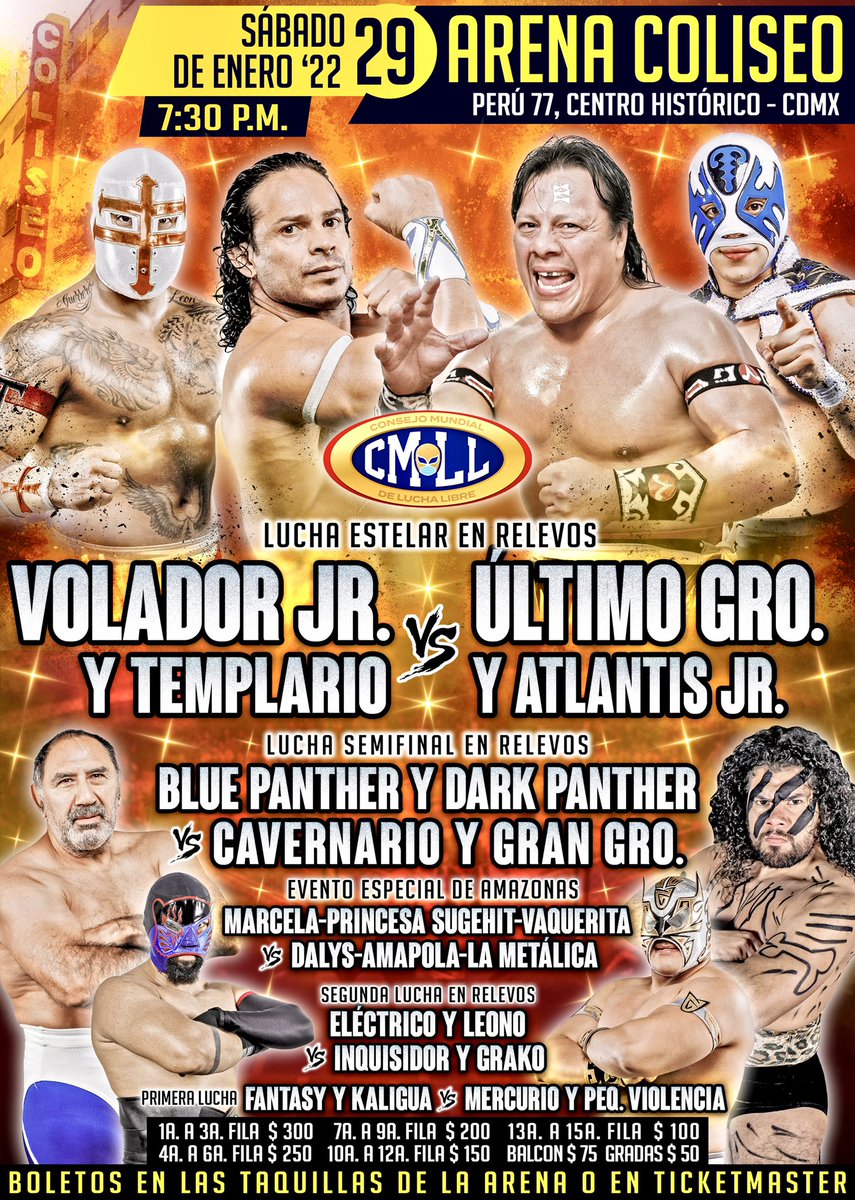 CMLL_OFICIAL's tweet photo. 🔜
📍Arena Coliseo 
🗓️ Sábado 29 de enero '22
🕢 7:30 p.m. 

🎟️ Boletos en taquillas y en Ticketmaster: 
https://t.co/GL4dEvLSjd

#SábadoDeColiseo https://t.co/woVRRfqkrU