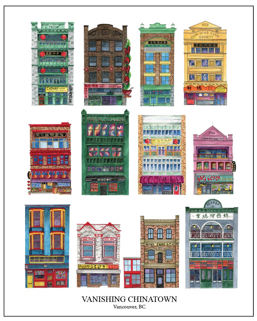 donnaseto's tweet photo. Kind of neat to see all of my #chinatownyvr buildings all together like one big happy family. Still getting the hang of these design programs, but I'm getting somewhere. What do you think of this design? #vancouver #illustration #design https://t.co/GzZxQ4RiOf