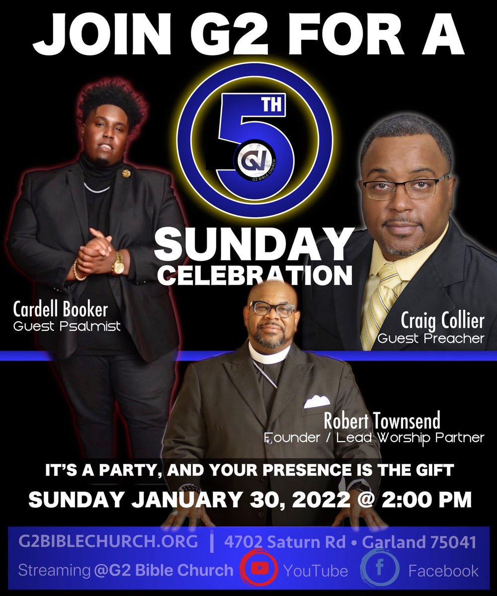 G2BibleChurch's tweet photo. Join us Sunday @ 2PM online (Facebook or YouTube link in bio) or in person (4702 Saturn Rd•Garland•75041)

IT’S A PARTY, AND YOURS PRESENCE IS THE GIFT!!!
#5thSundayCelebration #G2BibleChurch #APeopleCalledToGreatness #G2 #GreatCommandment #GreatCommission #JoinTheG2Movement https://t.co/wSsr19AOtM