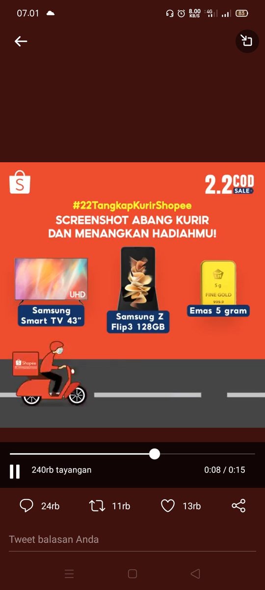 DadeRiswanda23's tweet photo. @ShopeeID Buat ganti Tv di rumah yang rusak 
Aku cinta sekali Shopee ,🥰😂
#22TangkapKurirShopee 
#ShopeeKasihSmartTV https://t.co/AQECaU0Bbs