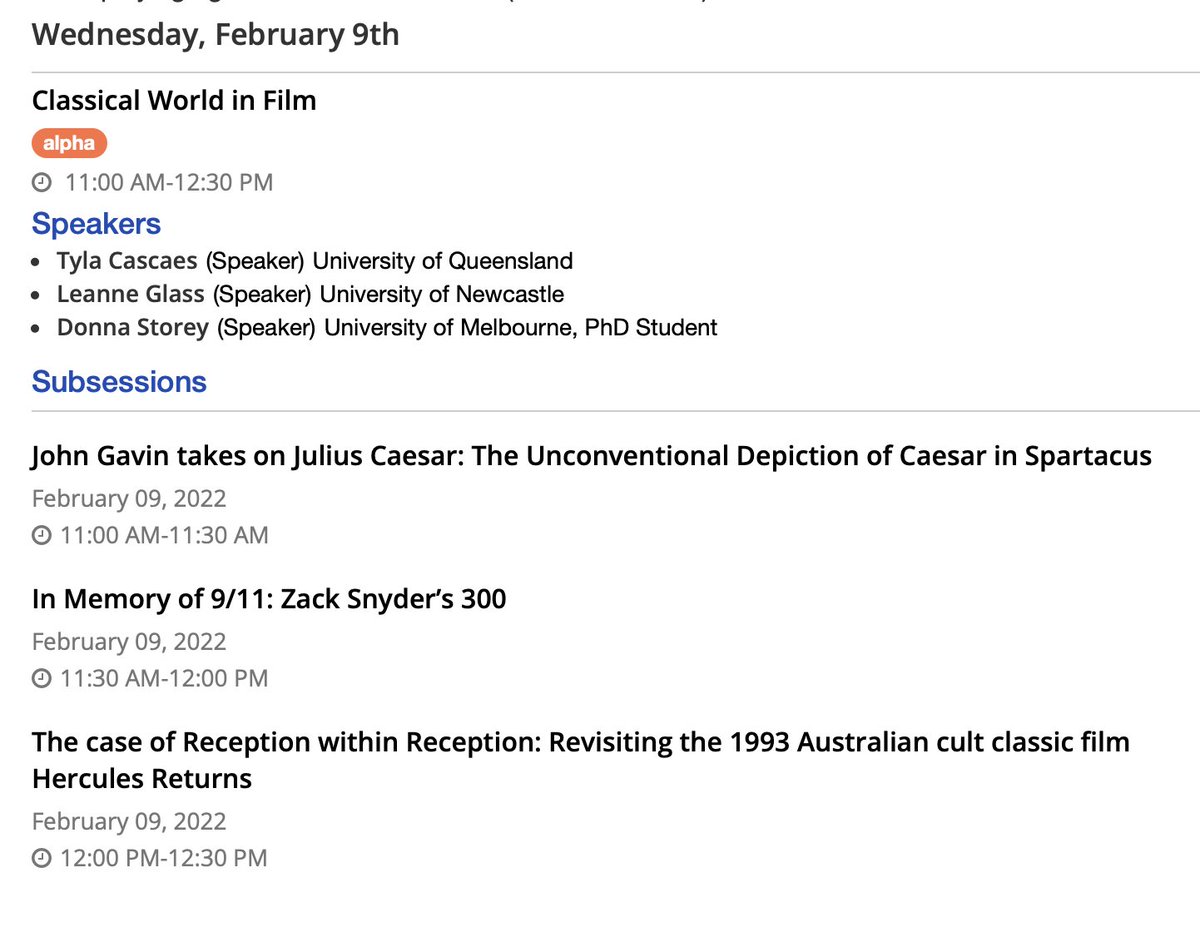 ASCS 43 conference 

Online Feb. 8-11, 2022 
For registration until Feb. 1st and more info. 

whova.com/web/ascs_20220…

Classical World in Film

<a href="/res_australes/">Res_Australes: Ancient World Studies, Australasia</a>
<a href="/ACRSN_org/">Australasian Classical Reception Studies Network</a> <a href="/TylaCascaes/">Tyla Cascaes</a> @DonnaStorey1 <a href="/UQAntiquities/">UQ Antiquities Museum</a> <a href="/UMelbourne/">U Melb</a> <a href="/SPQR_MQ/">Roman History at Macquarie University</a>