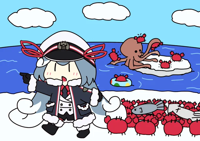 とーいさんの雪ミクさん!たくさんのカニを従え行進する姿にほのぼのとした雰囲気が伝わってきますね(*'▽`*)後ろで浮き輪で遊ぶカニやタコと戦うカニ達も(・∀・)イイ!!【https://t.co/rRcVtMYNmO】 #piapro #雪ミク 