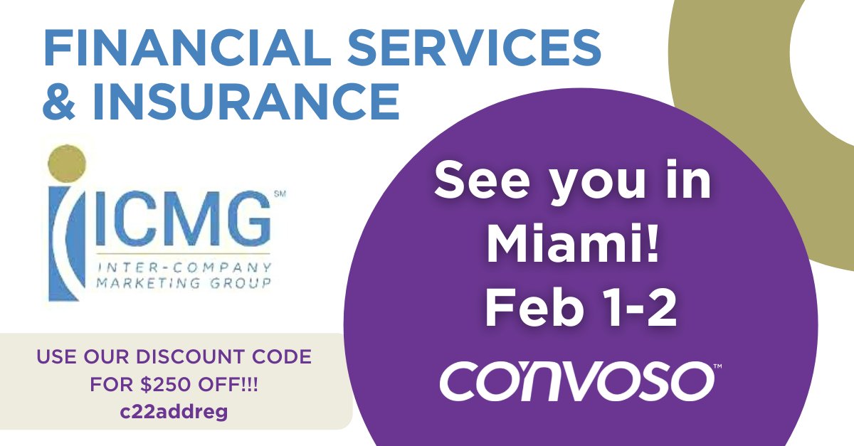 convoso's tweet photo. We'll be networking with insurance and financial services professionals next week at ICMG (Inter-Company Marketing Group). Hope to see you there! 

We're proud to be a #goldsponsor!   Use our discount code to save $250!  22addreg 

#ICMG2022 #insuranceleadgeneration https://t.co/iaY9sfHyMi