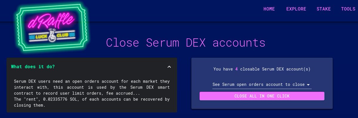 A bit more than 3 hours before the raffle ends, but look what we have to keep you entertained!

The new close Serum DEX accounts tool:

If you are using swap aggregators like <a href="/JupiterExchange/">Jupiter</a> you might have quite a few Serum DEX accounts you can close to get back a lot of SOL.