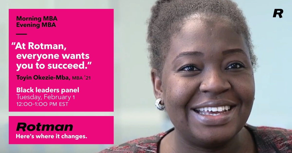 RotmanMBAMFin's tweet image. Toyin Okezie-Mba is one of three Black leaders who'll discuss their experience with our Morning/Evening MBA program. Hear about leadership opportunities and what this program can do for you. All are welcome. Online Tue. Feb. 1, 12:00-1:00 pm: buff.ly/34BK5Tr #blackleaders