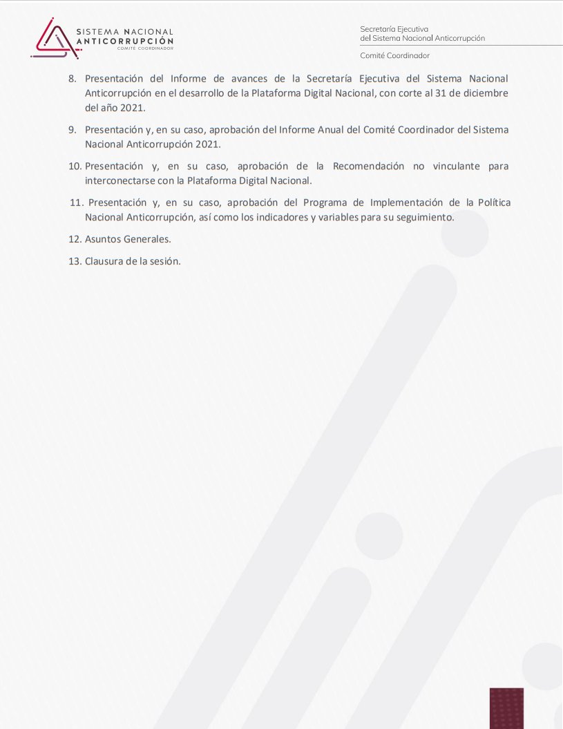 SESNAOficial's tweet photo. 🗓️Este jueves a las ⏰17:00 horas, el Comité Coordinador del Sistema Nacional Anticorrupción realizará vía remota la PRIMERA SESIÓN ORDINARIA 2022. 
¡Sintonízanos! https://t.co/qbY7O3pyoP
Conoce el Orden del día y descarga aquí la carpeta de la sesión: https://t.co/NO9NfVDgyc https://t.co/zjgILKoBsa