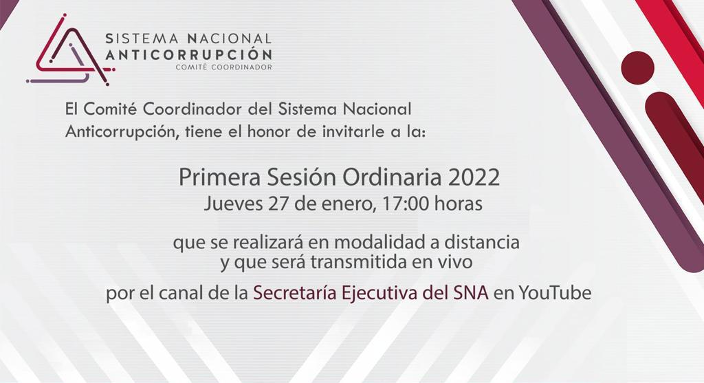 SESNAOficial's tweet photo. 🗓️Este jueves a las ⏰17:00 horas, el Comité Coordinador del Sistema Nacional Anticorrupción realizará vía remota la PRIMERA SESIÓN ORDINARIA 2022. 
¡Sintonízanos! https://t.co/qbY7O3pyoP
Conoce el Orden del día y descarga aquí la carpeta de la sesión: https://t.co/NO9NfVDgyc https://t.co/zjgILKoBsa