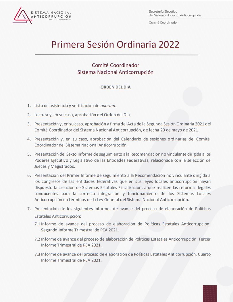 SESNAOficial's tweet photo. 🗓️Este jueves a las ⏰17:00 horas, el Comité Coordinador del Sistema Nacional Anticorrupción realizará vía remota la PRIMERA SESIÓN ORDINARIA 2022. 
¡Sintonízanos! https://t.co/qbY7O3pyoP
Conoce el Orden del día y descarga aquí la carpeta de la sesión: https://t.co/NO9NfVDgyc https://t.co/zjgILKoBsa