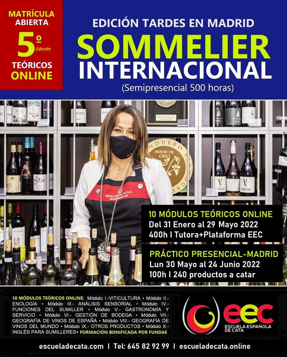 #CursodeSommelierProfesional l 5ºEdicionTardesMadrid l #10MódulosTeóricoOnline vía plataforma #MoodleEEC (400h) I Inicio: 31 Enero al 29 Mayo 2022 l #PrácticoPresencial desde el 30 Mayo al 24 Junio 2022 (100h) l  escueladecata.com l escueladecata.online l 🍷🍷🇪🇸🇪🇸 ✅✅