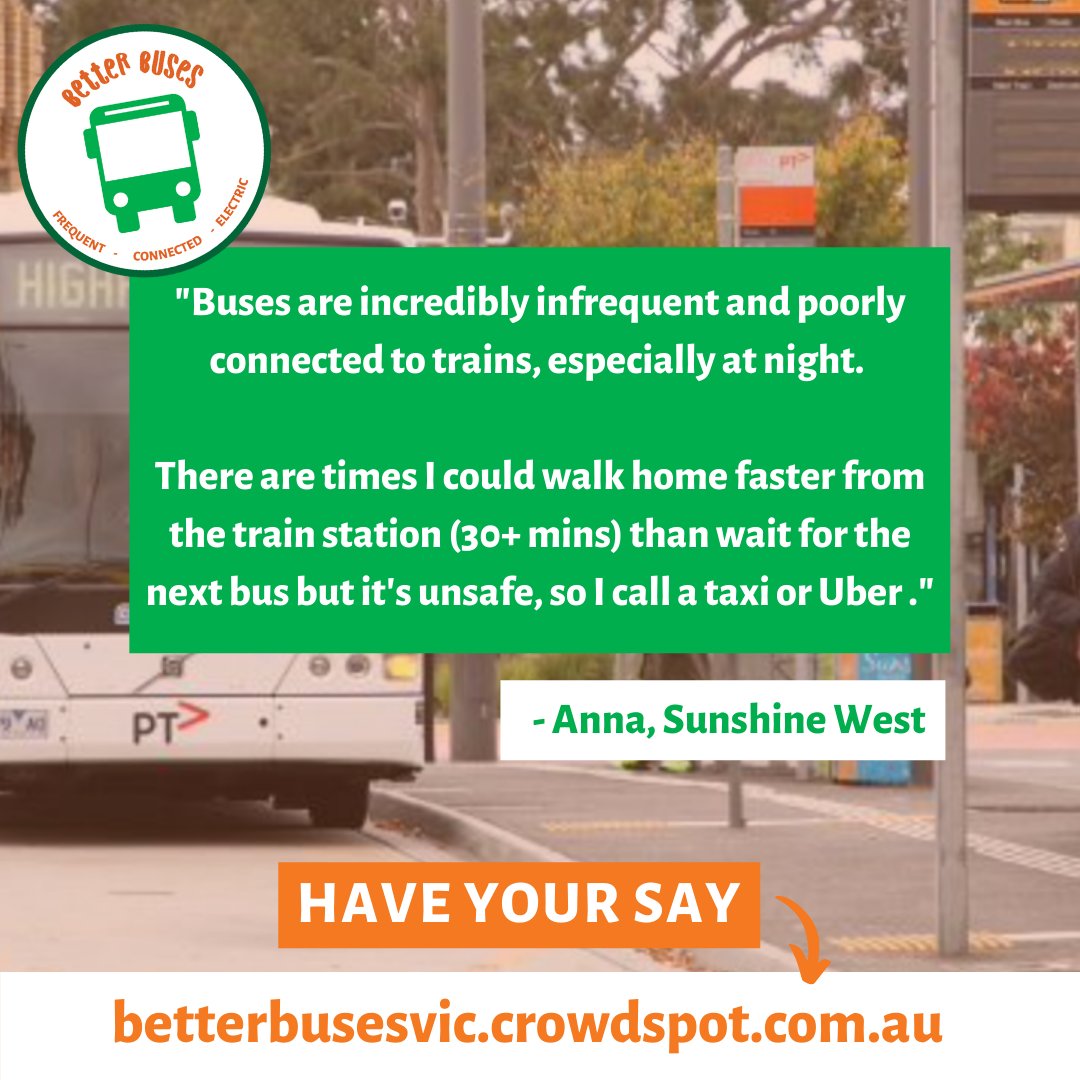 WeSustainCities's tweet photo. 'Buses are incredibly infrequent and poorly connected to trains, especially at night' - Anna from Sunshine West.
Join Anna (+ 100s others) and submit your Vic bus network feedback on our #BetterBusesVic @Crowd_Spot platform >>https://t.co/5yPq0DrL78 #BetterBusesVic #SpringSt https://t.co/uIPFjApNe9