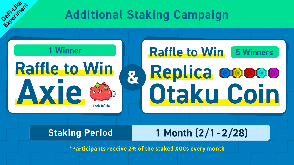NFTTmarket_EN's tweet photo. Additional Staking Campaign✨
Staking chance for all users every 2 months😉
Stake your XOC and apply for Axie and Replica Otaku Coin lottery❗
The more you stake the greater the chance to win⏫
>Until the end of the month<
Apply from the official app
https://t.co/FVAdUlHo3m https://t.co/xhOm1e9V1S