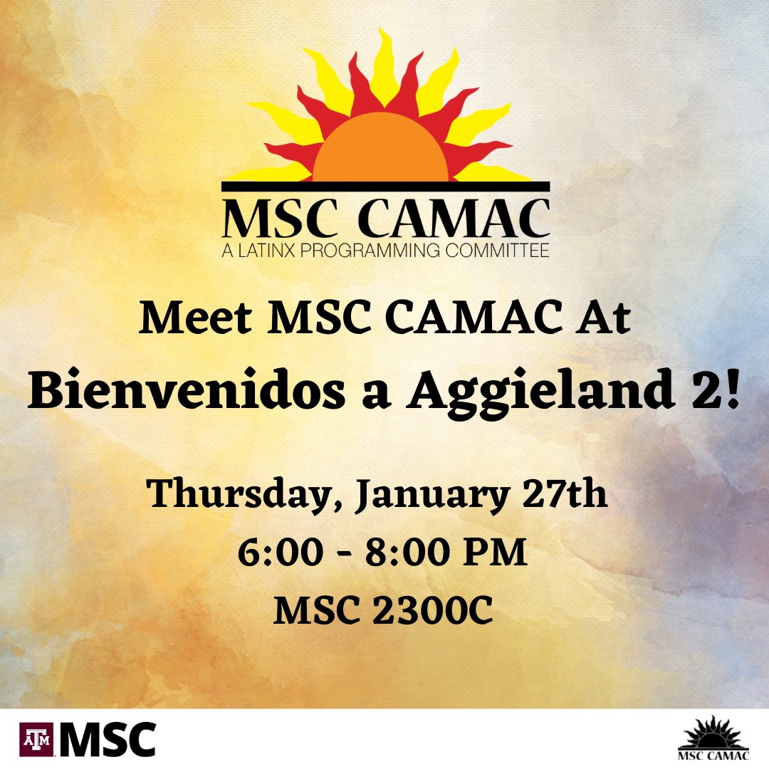 MSC_CAMAC's tweet photo. Come see us at Bienvenidos a Aggieland 2 tomorrow! We are accepting new members to help us plan and organize programs for people on and around Texas A&amp;M that illuminate Latinx cultures! For more information, come see us or dm! https://t.co/DG8dyFYVbT