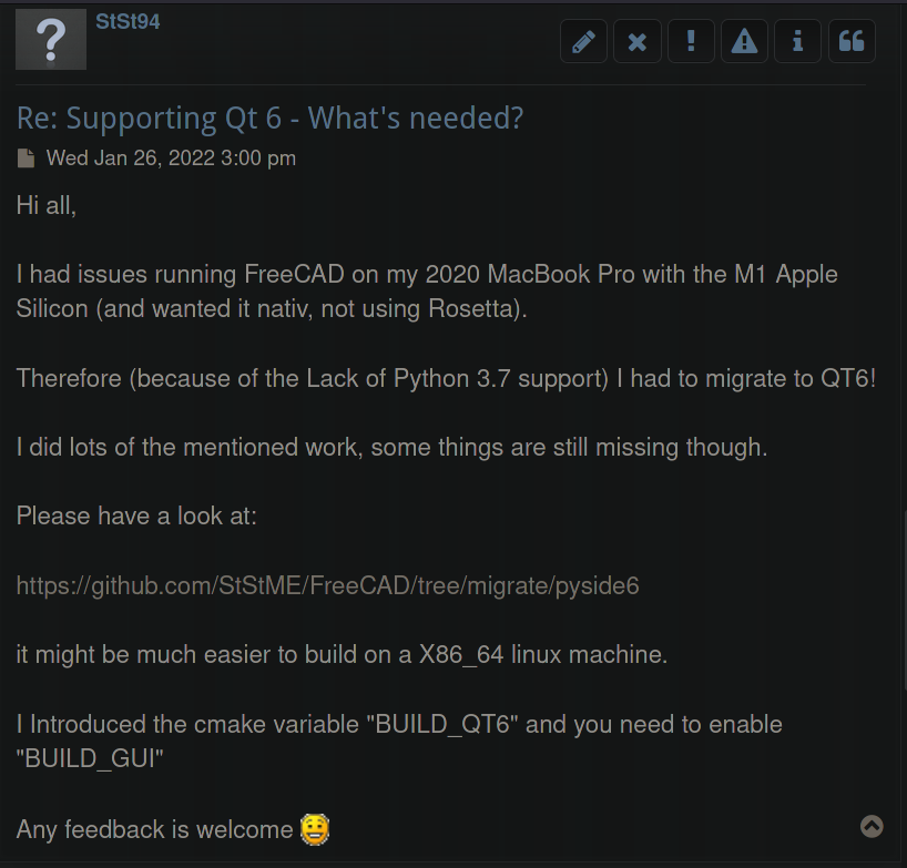 FreeCADNews's tweet photo. Story:
FreeCAD hasn't yet fully supported Qt6. 

A forum discussion starts: what changes are necessary? 

Changes are delineated

1st time user, joined _today_, says they have started + completed a large chunk of the work already.

❤️‍🔥 #FLOSS #FOSS #OpenSource communities https://t.co/Ld8wZgtvkk