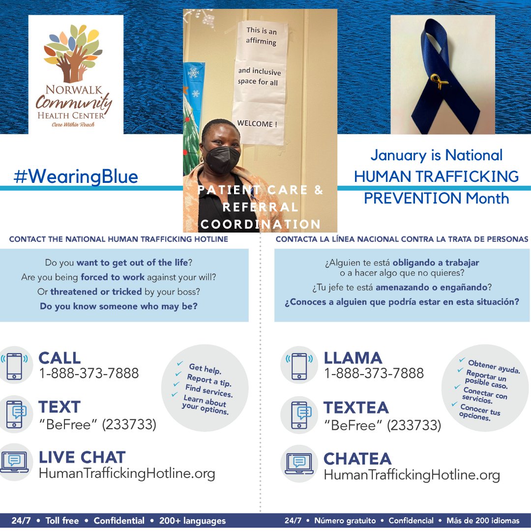 HealthyNCHC's tweet photo. Norwalk Community Health Center #PatientReferral Dept is #WearingBlue for #humantraffickingprevention awareness. https://t.co/26o9wyEbHB Call/llama the National Human Trafficking Hotline 1-888-373-7888. https://t.co/8iAuN1Vl93