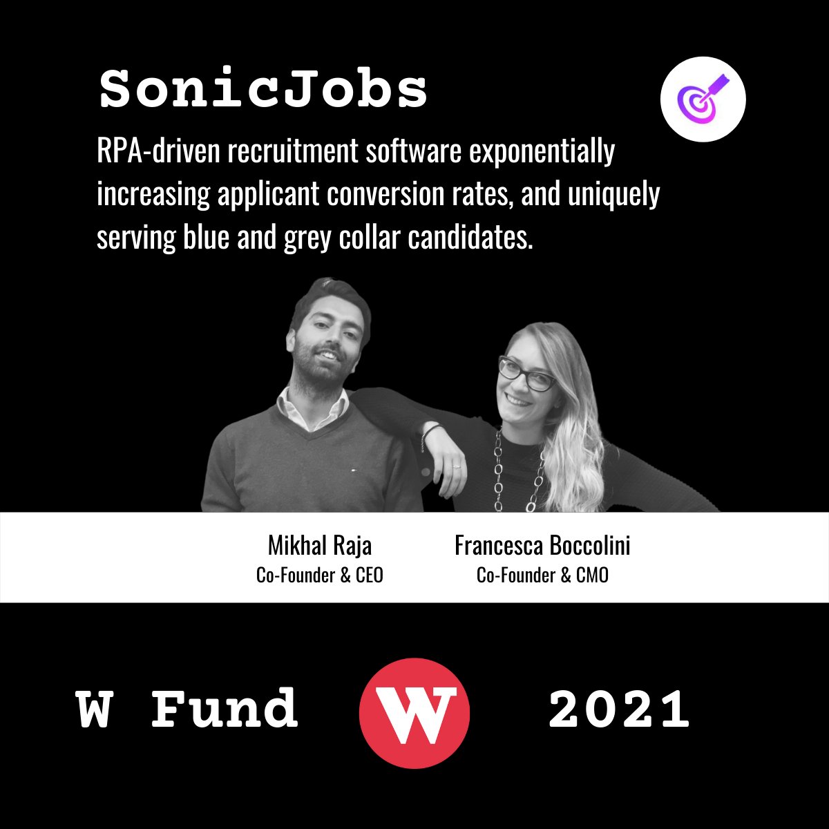 We love backing women-led startups! 

Excited to share W Fund's investment into <a href="/SonicjobsApp/">SonicJobs</a>, a recruitment software driven by #robotic process automation (RPA).

#Job recruitment is broken &amp; wastes candidates &amp; employers time. <a href="/SonicjobsApp/">SonicJobs</a> is fixing it.
#vc #tech #womenintech