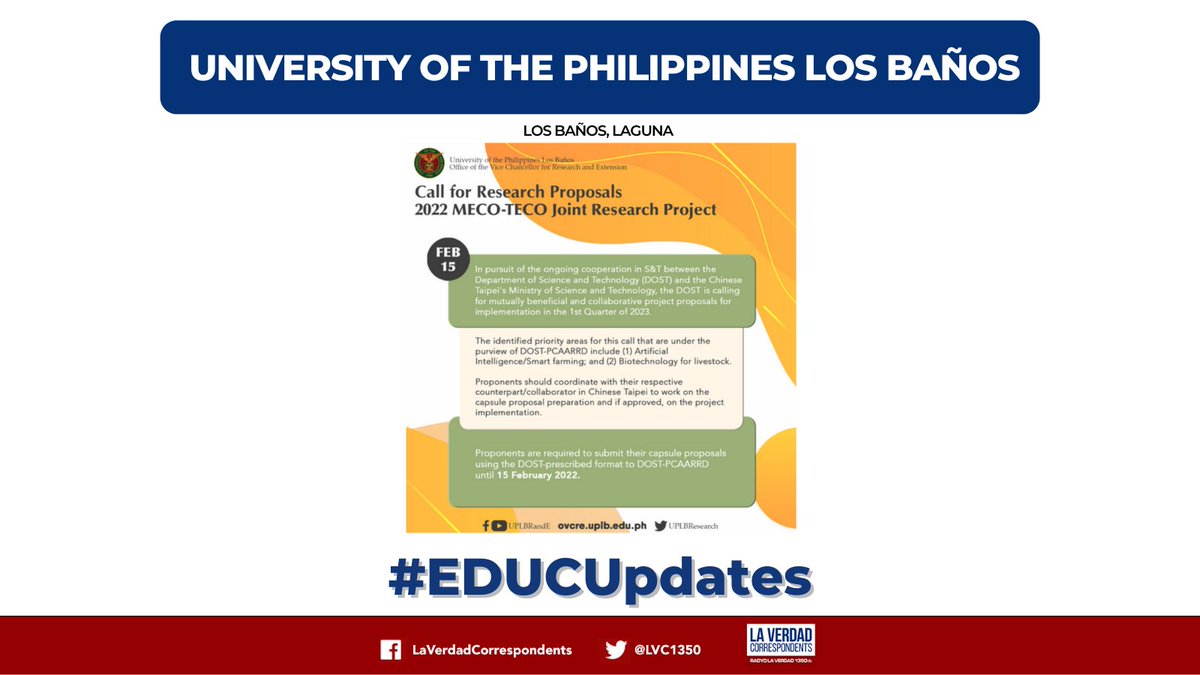 LVC1350's tweet photo. EDUCATION UPDATE | Tumatanggap na ng Research Proposals ang 2022 Manila Economic and Cultural Office (MECO) at Taipei Economic and Cultural Office (TECO) Joint Research Project hanggang Pebrero 15, 2022. 

📷: UPLB Research and Extension https://t.co/XZEPuWvnVA
