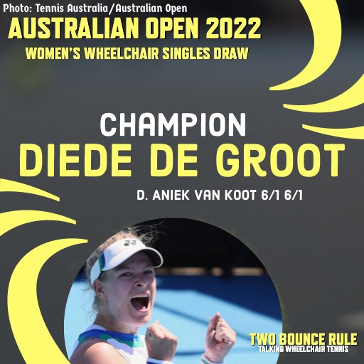 Diede does the double 💪🏻 She dominates and claims the singles 🏆 in straight sets 6/1 6/1 Ladies and Gentleman your 2022 #AusOpen women’s #wheelchairtennis singles champion is Diede de Groot