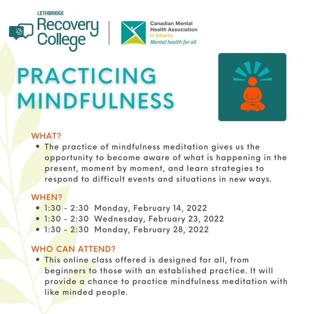 Interested in practicing #mindfulness next month? Join #recoverycollegelethbridge online to learn some new skills! Sign up anytime on our website (link in bio)!

#mentalhealth #lethbridge #yql #practicingmindfulness