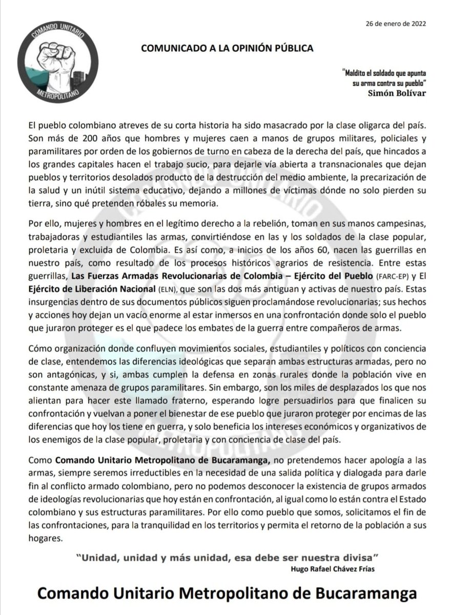 ComandonUdS's tweet photo. Comunicado a la opinión pública.

#26Ene 
#SomosPuebloInvencible 
#Colombia https://t.co/EwpfdFQwrS