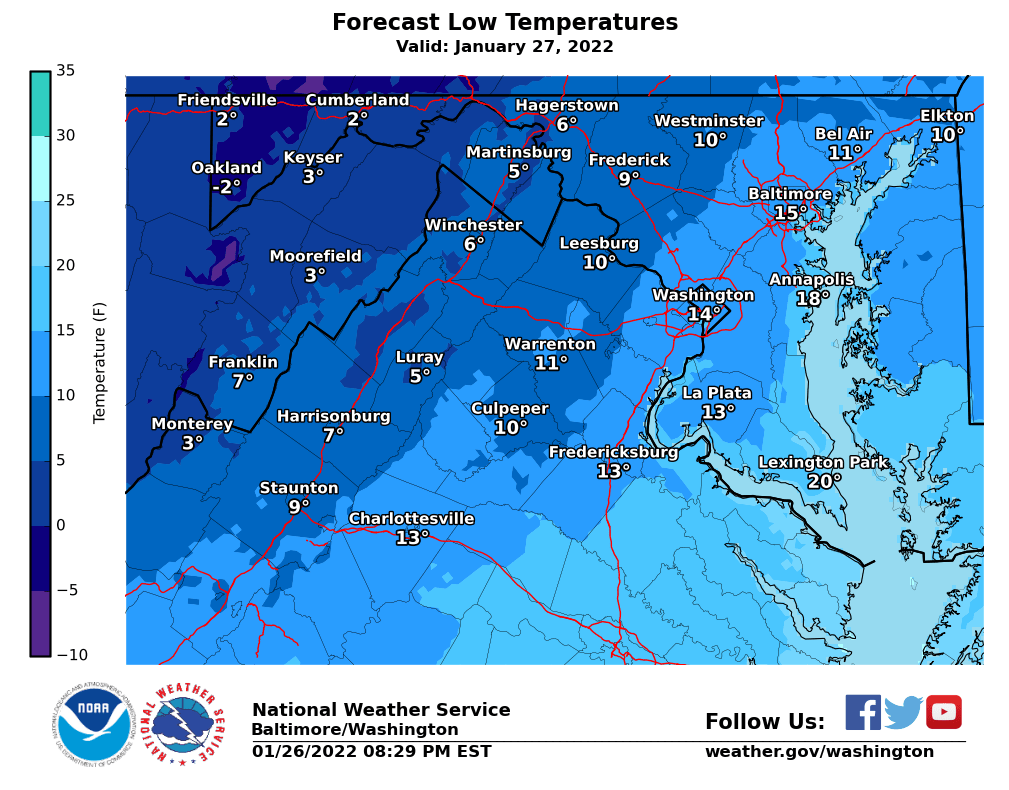 NWS_BaltWash's tweet photo. Cold again tonight, so bundle up. Thursday will remain dry, but the risk of snow increases Friday as a storm system passes nearby. Impacts remain highly uncertain - check https://t.co/ZOlvERZ7E7 for the latest. https://t.co/ylgC5famjc