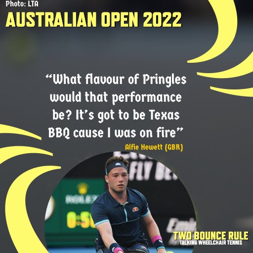 Next up Alfie Hewett v Shingo Kunieda So while you’re waiting… Alfie has been playing some pretty incredible tennis & in his SF he was popping out winners like Pringles So of course I asked him to describe his performance as a Pringles flavour #AusOpen #wheelchairtennis