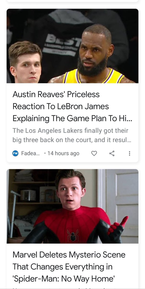 tungthinks's tweet photo. My news feed this morning. 
Coincident? I think not!
Austin Reaves is Peter Parker confirmed!
#austinreaves #lakers #NoWayHome https://t.co/G71rvSkO53