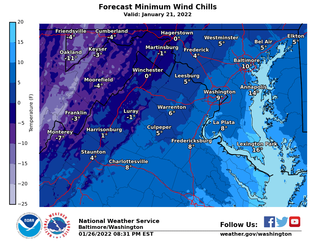 NWS_BaltWash's tweet photo. Cold again tonight, so bundle up. Thursday will remain dry, but the risk of snow increases Friday as a storm system passes nearby. Impacts remain highly uncertain - check https://t.co/ZOlvERZ7E7 for the latest. https://t.co/ylgC5famjc
