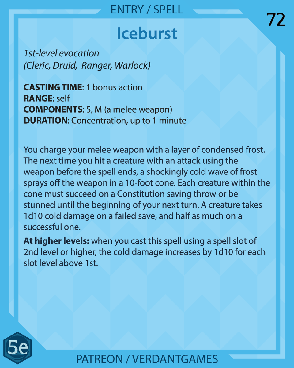verdantgames5e's tweet photo. Iceburst, 1st-level evocation

You charge your weapon with a layer of condensed frost, exploding on your next attack with cold damage

Art by @ossocavo

#foregonecompendium #dnd #dnd5e #dndhomebrew #homebrew #dndspells #5espells #patreon #patreoncreator #ttrpg #ttrpgfamily #d20 https://t.co/179qgfzUeM