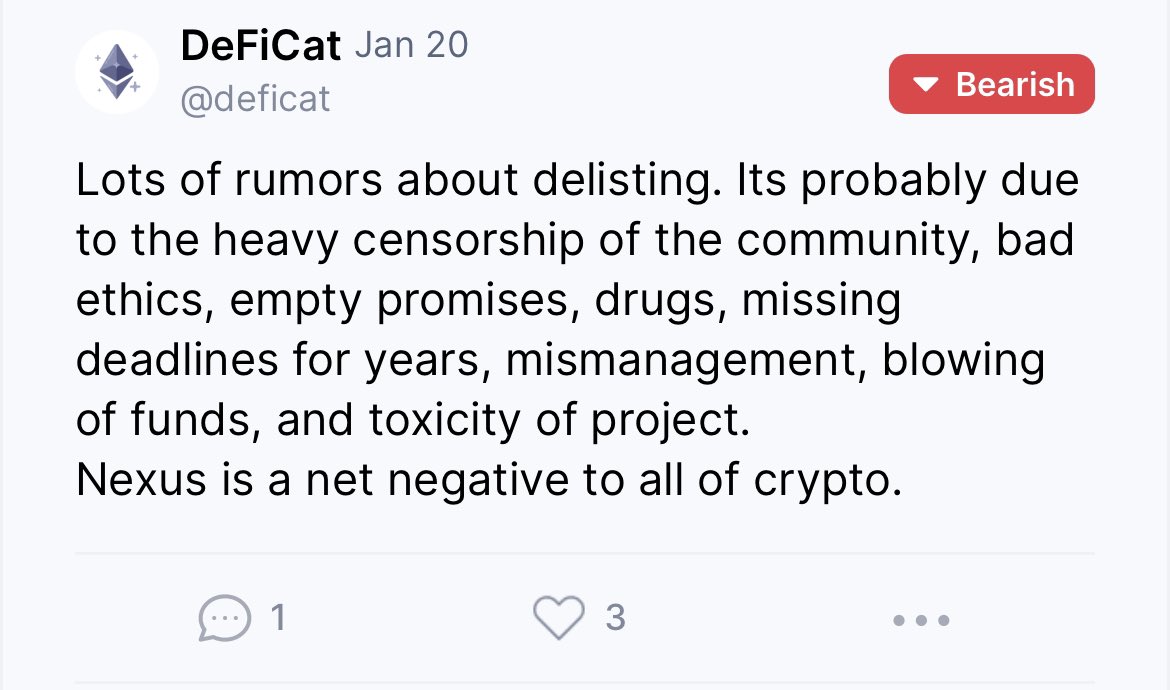 ItMattersNaught's tweet photo. @nexuscash @CoinMarketCap @binance @BittrexExchange @coinkit_ "Nexus is a net negative to all of #crypto"

As found on @CoinMarketCap, where truth can't be silenced by Colin.

It's only a matter of time before @binance and @BittrexExchange delist.
$NXS https://t.co/PpsAwjIRPM
