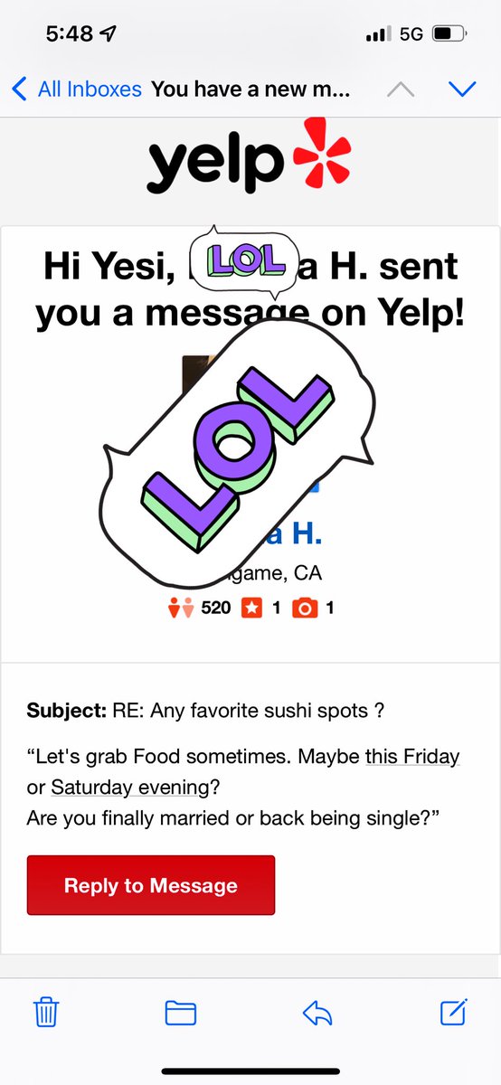 pinkk_turtles's tweet photo. Y’all ever get hit on via Yelp? Lmao https://t.co/jJfEfa93QY
