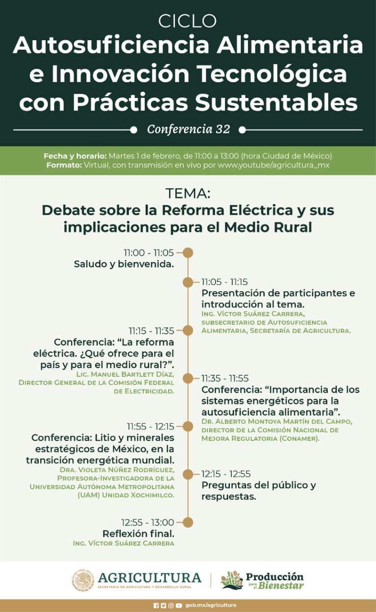 El martes 1 de febrero, de 11:00 a 13:00 (hora ciudad de México) tendremos nuestra conferencia 32 del ciclo #AutosuficienciaAlimentaria Daremos continuidad al tema de Reforma Eléctrica y Medio Rural ¡No faltes! Será virtual y podrás seguirla en youtube.com/agricultura_mex