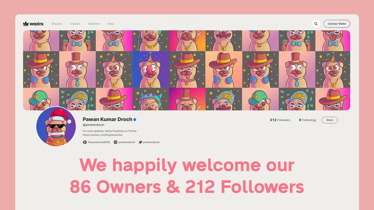PremadeNFTs's tweet photo. We are thrilled that we have a 86 Owners/adopters and 212 Followers of Pugs @WazirXNFT 
We really appreciate your support and trust. We are coming with a very exciting news and updates in next week with lot of benefits for PugVerse Holders.

So keep your Pug hold tight.  #NFTs https://t.co/BxVcf7VCnl