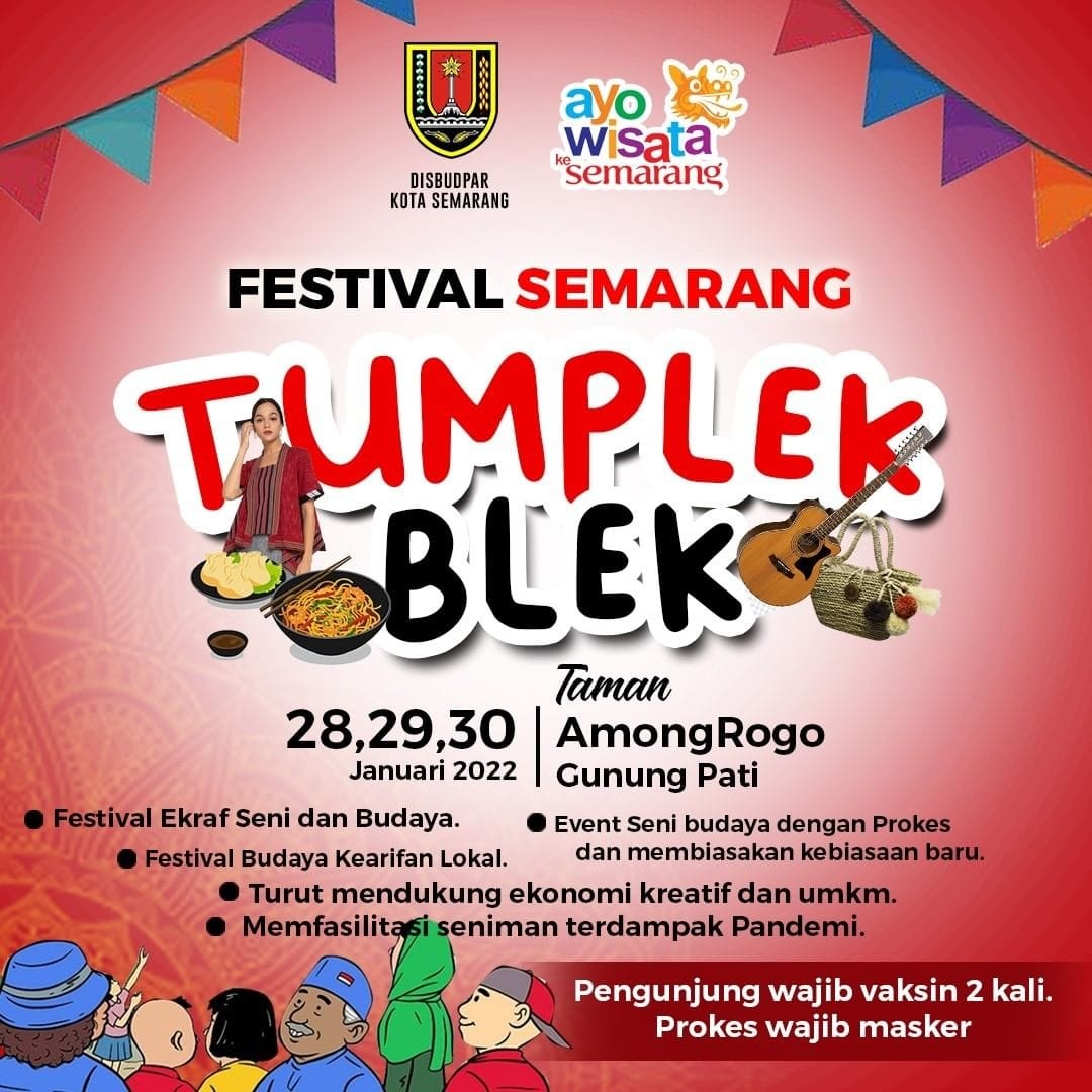 Yuk join Festival Semarang Tumplek Blek di Taman Amongrogo, Gunung Pati pada tanggal 28,29,30 Januari 2022.
Nikmati wisata kuliner sambil menyaksikan seni budaya kearifan lokal, serta ada hiburan musik dari band-band. Segera agendakan lur!
<a href="/disbudparkotsmg/">DISBUDPAR KOTA SEMARANG</a> 
#ayowisatakesemarang