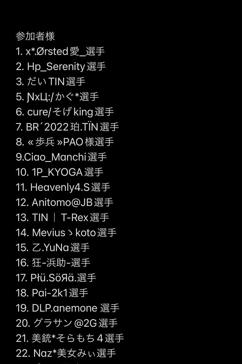 barusu0208's tweet image. 今のところの参加者様一覧です‼️
エントリー済の方で名前がない方がいましたら連絡お願いしますm(_ _)m
#cod
#cod大会
