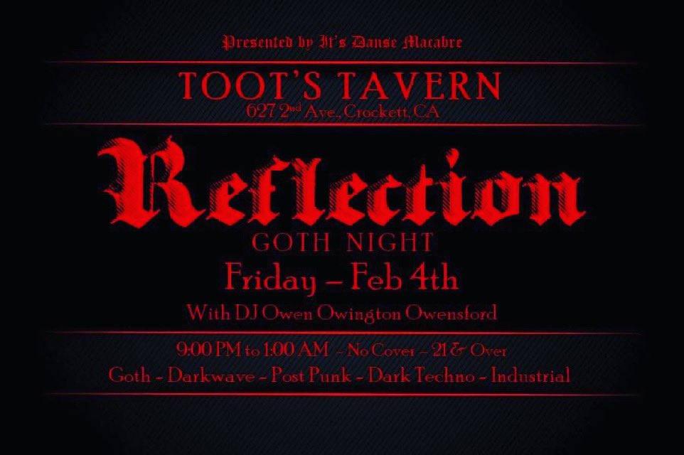 ItsDanseMacabre's tweet photo. Reflection - Goth Night @Toots_Tavern Friday Feb 4th  #dance #darkwave #industrial #postpunk https://t.co/mMNOyoK4wM