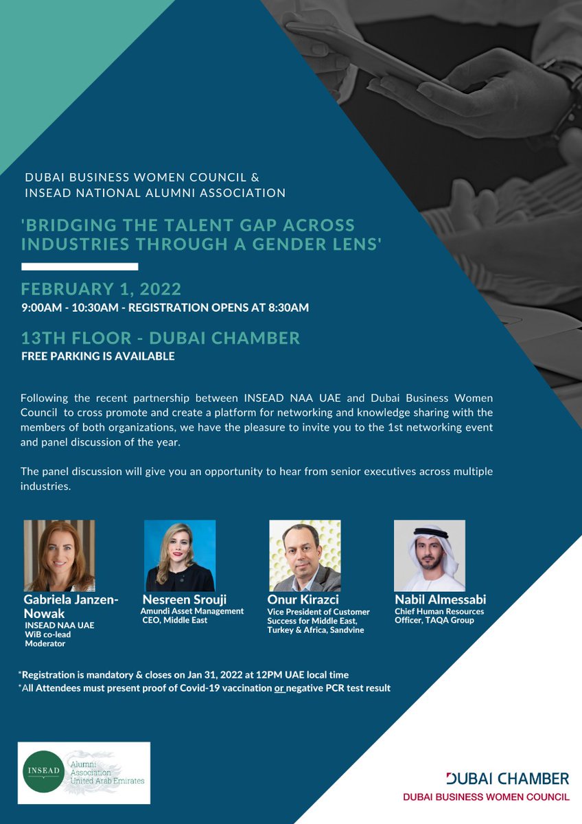 DBWC_UAE's tweet photo. We are excited to host our first-panel discussion and networking event for 2022 together with our partner, @INSEADAlumni
To register, click here https://t.co/xRjHLhE9cu
#networking #connectingminds #connection #network #womeninbusiness #empoweringwomen #businessindubai #dbwc https://t.co/4FcphlkfWs